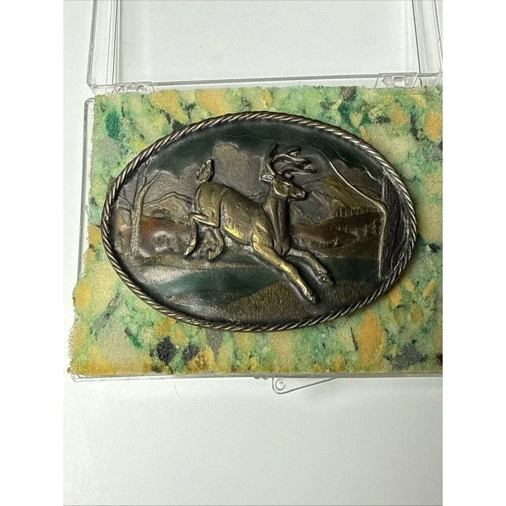 The Great American Buckle Co Vintage Enamel Leaping Buck Deer Belt Buckle 1980